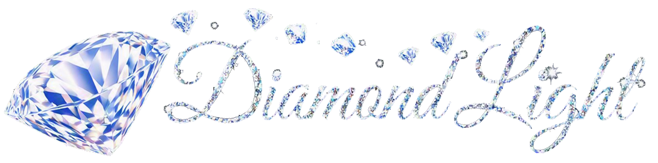 Glittery effect image of a blue tinted diamond with little diamonds flowing over the Word Diamond Light